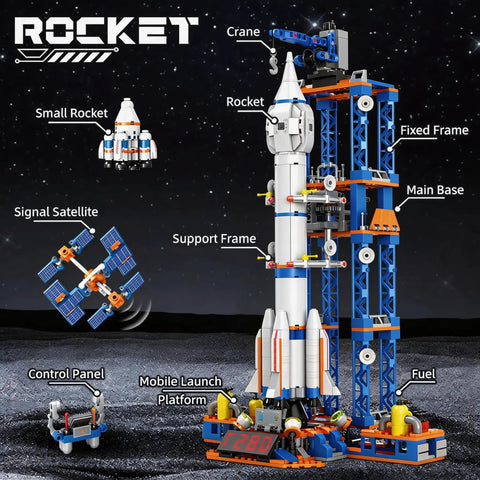 Space Rocket Building Kit For Kids Aged 6 To 14 With 1065 Pcs Spaceship Display Model Set showcasing rocket and launch platform.