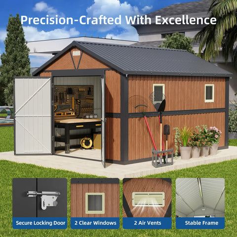 10x12 Ft Outdoor Storage Shed With Lockable Doors And Window Heavy Duty Metal Garden Shed for tools and garden gear