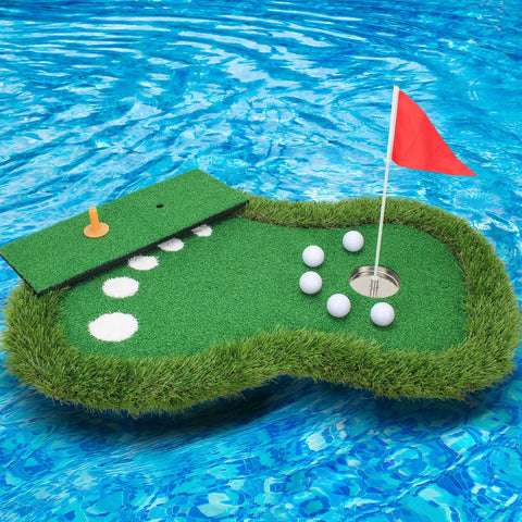 Floating Pool Golf Green Set With Realistic Grass Surface, Chipping Mat, Cup, Flag, Tee, And Five Practice Balls in a pool