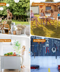 Four scenes: garden with dining setup, courtyard with people at table, dining room with kitchen island, toolhouse with tools hanging.