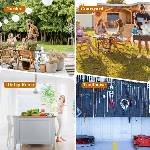 Four scenes: garden with dining setup, courtyard with people at table, dining room with kitchen island, toolhouse with tools hanging.