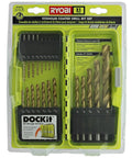 Ryobi 21-piece titanium drill bit set in yellow plastic locking case with foldout rubberized organization (front view)
