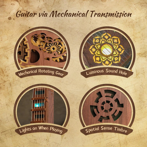 LED 3D Wooden Puzzle Guitar Kit With Lights Acoustic Model For Adults DIY Mechanical Music Craft close-up details on gears and lights