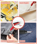 Seam Ripper Set For Sewing With Four Piece Dual Style Kit Two Large And Two Small Stitch Removers Thread Snips Included Built For Thick Fabrics And Delicates Red Black And White Handle Color Combo showing usage on embroidery and denim.