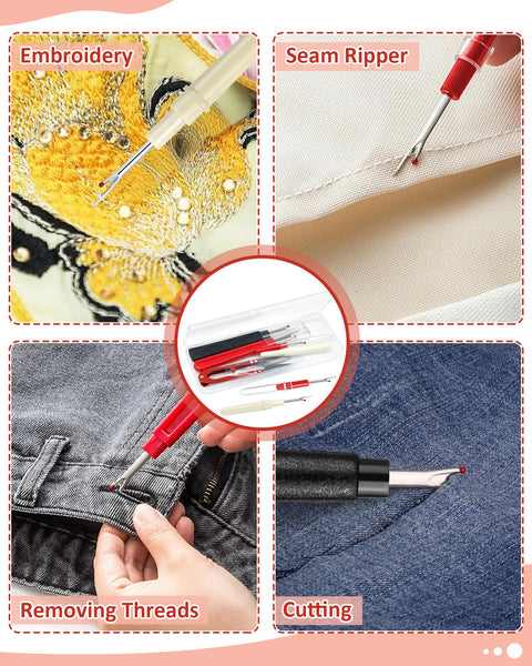 Seam Ripper Set For Sewing With Four Piece Dual Style Kit Two Large And Two Small Stitch Removers Thread Snips Included Built For Thick Fabrics And Delicates Red Black And White Handle Color Combo showing usage on embroidery and denim.