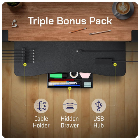 Under Desk Keyboard Tray That Slides Out With Adjustable Clamps For Desks Up To 1.5 Inches Clamp On Keyboard Drawer With USB C To USB A Hub And Five Cable Management Organizer Boss Level Comfort For Long Computer Sessions. Top view showing cable holders, hidden drawer, and USB hub.