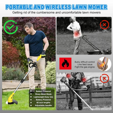 Man using Cordless Electric Weed Wacker With 12V Battery, 65 Inch Adjustable Pole, Lightweight Trimmer Edger for lawn care