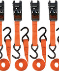 Top Shelf Ratchet Tie Down Straps 1 Inch By 10 Feet 4 Pack No Sweat Truck Cargo Lashing Kit All Weather Polyester with black vinyl hooks.