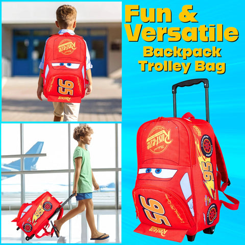 Red Disney Cars kids' rolling suitcase, 16-inch, 25L, Lightning McQueen design with wheels and pull handle.