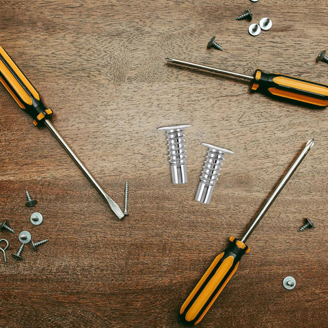 Built Tough Sofa Headrest Adjustment Hinge Screws 4 Pack with tools and screws on a wooden surface for furniture repair.