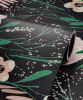 Dope Boho Floral Peel And Stick Wallpaper Black Background With Green Leaves And Pink Flowers 17.7 Inches Wide By 315 Inches Long