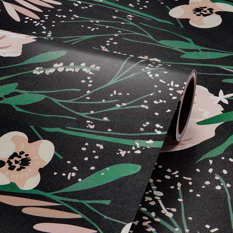Dope Boho Floral Peel And Stick Wallpaper Black Background With Green Leaves And Pink Flowers 17.7 Inches Wide By 315 Inches Long