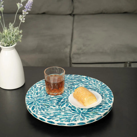 Lazy Susan Turntable Organizer With Mother Of Pearl Inlay, Wood Round Spinning Tray on table with glass and roll