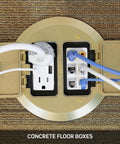 Concrete Floor Box With Brass Plated Cover Plate 1 Screw Cap And 2 Data Caps Built For Standard Receptacles ADA Compliant Durable Power