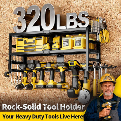 Heavy Duty Wall Mount Power Tool Organizer With Three Layer Storage Rack Nine Drill Holders And Battery Storage That Can Handle Up To 320 Pounds For Your Garage Workshop And Tool Room Gotta Have It, displaying tools and accessories on a wall rack.