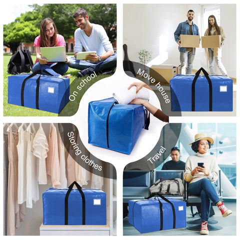 Heavy Duty Extra Large Moving Bags with backpack straps and strong zippers shown with people using for various purposes.