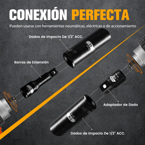 Diagram showing Half Inch Drive Deep Impact Socket Set 29 Piece Six Point SAE And Metric From Three Eighths Inch To One Inch And Ten To 24 MM Chrome Vanadium With Three And Five Inch Extension Bars And Socket Adapter.
