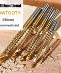 Heavy Duty Six Piece Titanium Coated Twist Drill Bit Set For Wood Metal Plastic Drilling with sawtooth design on wooden surface.
