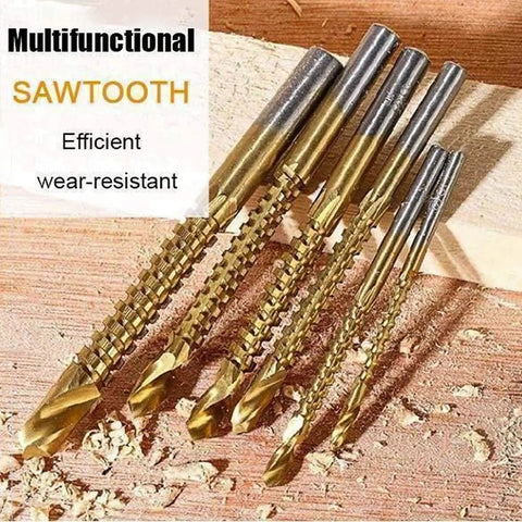 Heavy Duty Six Piece Titanium Coated Twist Drill Bit Set For Wood Metal Plastic Drilling with sawtooth design on wooden surface.