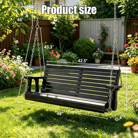 Heavy Duty Outdoor Patio Porch Swing 880 Lbs Capacity 4ft Wooden Hanging Bench with Adjustable Chains, Black Finish, Garden Setting