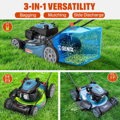 22 Inch 201cc Gas Lawn Mower With 3 In 1 Mulch Side Discharge Rear Bag Rear Wheel Self Propelled Drive Up To 2.9 MPH 4.7 HP OHV Engine That Cuts Like A Boss, rear bag attached