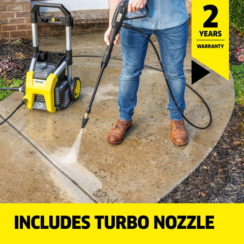 Heavy Duty 1700 PSI Pressure Washer With 1.2 GPM cleaning patio with turbo nozzle, highlighting 2-year warranty