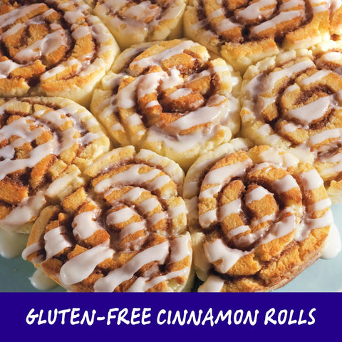 Gluten free cinnamon rolls topped with icing, perfect for breakfasts and desserts, focus on gluten free pancake and baking mix.