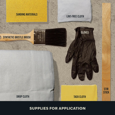 Supplies for application including synthetic brush, lint-free cloth, gloves, drop cloth, and sanding materials for Fast Dry Rad Water Based Wood Stain For Interior Furniture And Cabinets Low Odor Lightning Quick Set Formula One Coat Flex Boosts Killer Wood Grain With Smooth Finish.