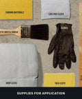 Supplies for application of Dead Simple Water Based Dark Walnut Wood Stain including brush, drop cloth, and gloves.
