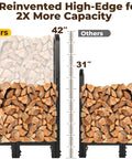 Comparison of wood stacking height using the Heavy Duty 8ft Firewood Log Rack For Outdoor Use On Porch Or Backyard Keeps Fire Wood Neatly Stacked