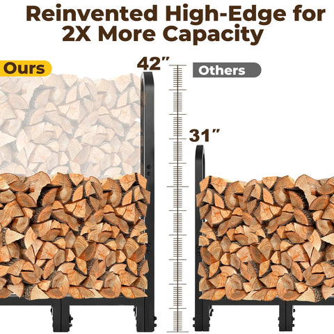 Comparison of wood stacking height using the Heavy Duty 8ft Firewood Log Rack For Outdoor Use On Porch Or Backyard Keeps Fire Wood Neatly Stacked
