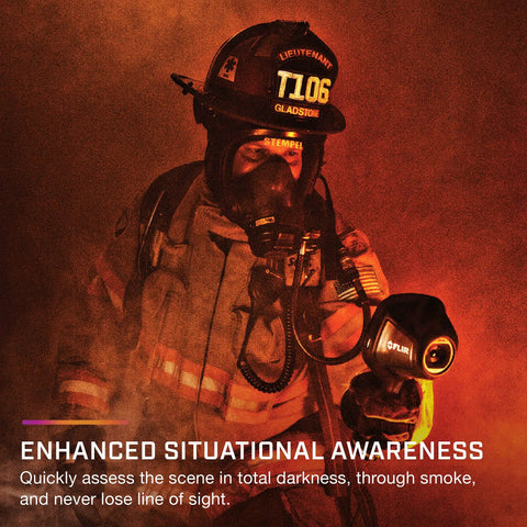 Firefighter using K2 Compact Thermal Imaging Camera With MSX And Multi Spectral Dynamic Imaging in smoke-filled environment