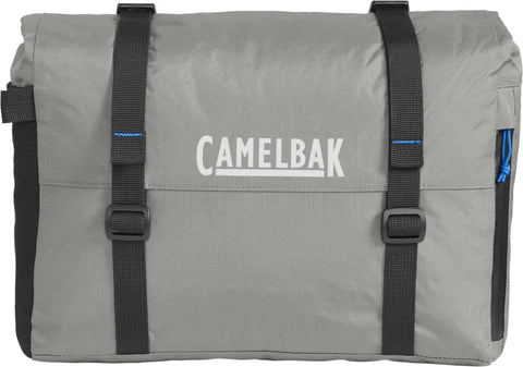 Mule 12 Bikepacking Waterproof Handlebar Bag With Roll-Top Design viewed from the front, showing secure attachment and durable material.