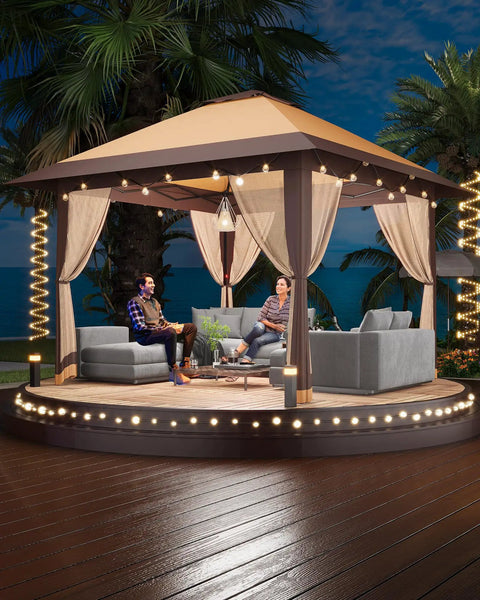 13X13Ft Pop Up Gazebo Canopy With Double Roof Mosquito Netting Keeps Insects Out Adjustable Height UV Resistant Waterproof Heavy Duty Portable Outdoor Shelter for Patio