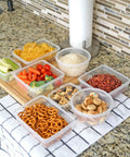 16 Piece Clip Lock Food Storage Set With Airtight Lids For Meal Prep And Kitchen Organization shown with snacks on countertop