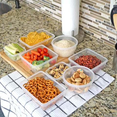 16 Piece Clip Lock Food Storage Set With Airtight Lids For Meal Prep And Kitchen Organization shown with snacks on countertop
