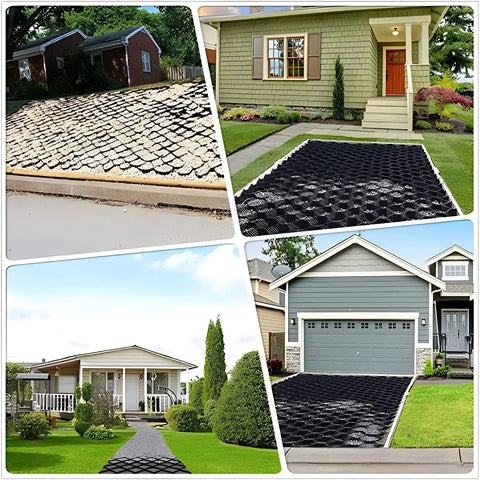 Image showcasing Heavy-Duty Gravel Grid Stabilizer for Driveways and Pathways installed in various outdoor settings.