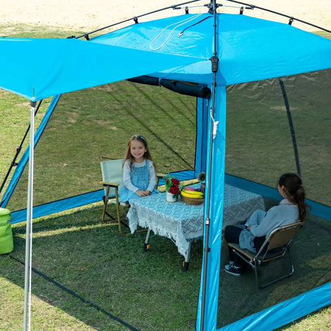 Instant Pop Up Screen House Gazebo 8.2 By 8.2 By 75 Inches Portable Canopy With Mosquito Netting and UPF Sun Protection in blue, set up in a garden.