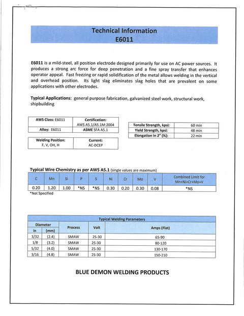 Technical sheet for 6011 Carbon Steel Electrode 1/8 Inch By 14 Inch, detailing specifications for AC welding use.
