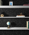 Shelves lined with Dope Black Glitter Contact Paper Self Adhesive Peel And Stick Wallpaper for do it yourself decor, waterproof.