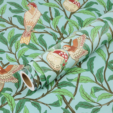 Hassle Free Peel And Stick Wallpaper Featuring Vintage Botanical Bird Graphics And Teal Green Pomegranate Vibes For Smooth Cabinet Wraps And Prepasted Removable Vinyl Rolls on a roll with bird and leaf patterns.