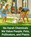 Children playing with a dog on a lawn, text overlay 'No Harsh Chemicals We Value People, Pets, Pollinators, and Plants' with NatureShield Insect And Pest Repellent For Yard And Outdoor Spaces, A Reliable Bug Spray For Patio And Lawn That Auto Dispenses Via Irrigation Feeder System, Pump Or Hose End Sprayer, 64 Oz.