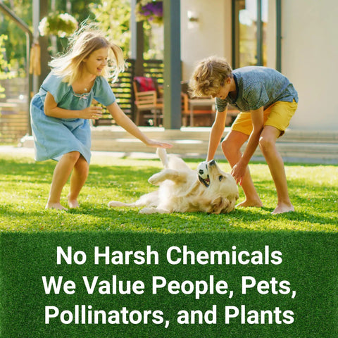 Children playing with a dog on a lawn, text overlay 'No Harsh Chemicals We Value People, Pets, Pollinators, and Plants' with NatureShield Insect And Pest Repellent For Yard And Outdoor Spaces, A Reliable Bug Spray For Patio And Lawn That Auto Dispenses Via Irrigation Feeder System, Pump Or Hose End Sprayer, 64 Oz.