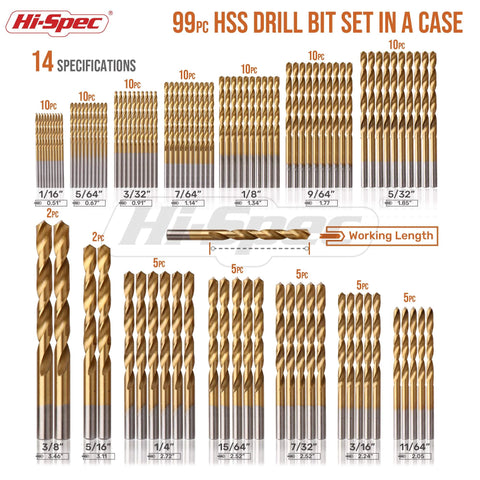 Hi-Spec Tools 99pc HSS drill bit set in case; 1/16–3/8 in bits for metal plastics wood drywall