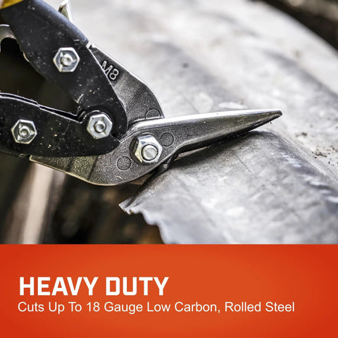 Close-up of 9.8 Inch Offset Straight Aviation Snips M8OS cutting rolled steel
