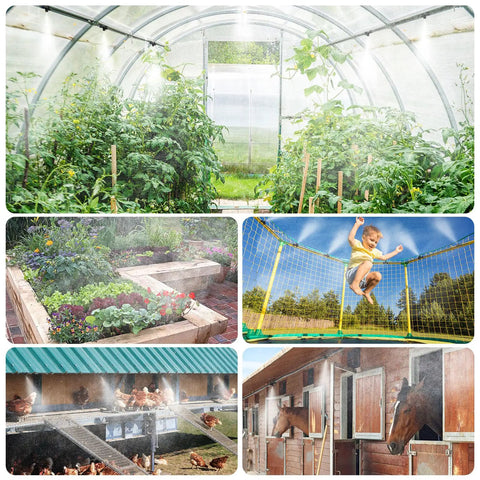 32 Foot Outdoor Misting Kit With Rustproof Nozzles Preassembled Seven Head Mister System Three Quarter Inch Adapter For Patio Chillin Greenhouse Pets And Chicken Coops Easy Maintenance And Cool Comfort in use in greenhouse, garden, trampoline, chicken coop, and stable.