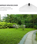 Horn Shape Sprayer Nozzle Windproof Cover Replacement Sprinkler Head for lawn care, shown on garden path.