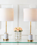 27 Inch Marble And Brass Gold Table Lamps Set Of 2 With Crystal Column Design White Linen Drum Shades Lit Modern Glam Lighting