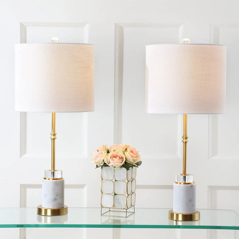 27 Inch Marble And Brass Gold Table Lamps Set Of 2 With Crystal Column Design White Linen Drum Shades Lit Modern Glam Lighting