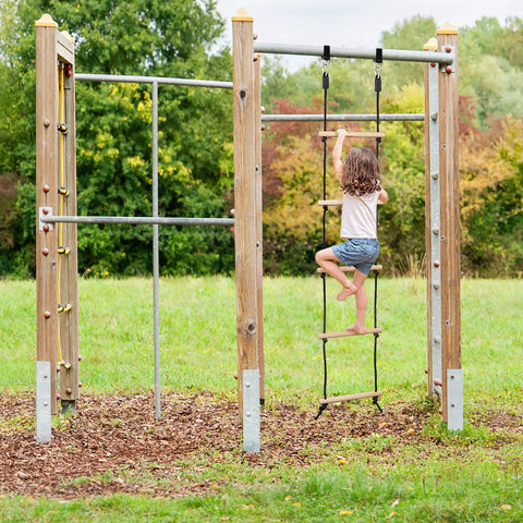 Rope Ladder For Kids Climbing Obstacle Course With Sturdy Wood Beams And Top Hooks, Hanging Ladder For Swing Set, Playground Playset Accessory, 5.58Ft Long 11.8In Wide, in use on playset